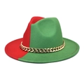 Detail of red and green gradient wool fedora with a chunky gold chain decoration - Red & Grass Green