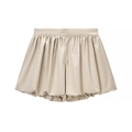 Short bouffant en cuir PU beige pour femme avec taille haute élastique et design plissé - S / Jupe-culotte