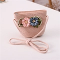 Detail of pink straw crossbody bag with floral decorations and woven shoulder strap - Willow Leaf Flower Style / Light Pink