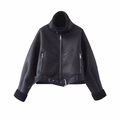 Women's black faux leather biker jacket with stand collar and faux shearling lining - XS / Black