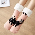 Pink knit slipper socks with black cat patterns and white faux fur cuffs - Pink Cat