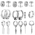 Silver stainless steel punk earring set featuring Nordic runes and symbolic charms - Silver Viking Rune Feather Combination (36043)