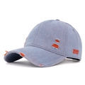 Distressed light blue denim baseball cap with 1999 embroidery and orange ripped detail - Color 12 (Light Blue Large Ripped)