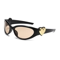 Y2K oval black sunglasses featuring a distinctive 3D gold heart accent on the side - Black Frame Tea Lens