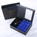 Silver hollow heart necklace set with 12 blue soap roses in a black flip-top gift box - Black Box + Blue Flower + Handbag