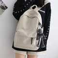 Zaino minimalista in tela beige indossato da un modello con ciondolo a forma di peluche - Bianco sporco + Ciondolo Rana Grigia
