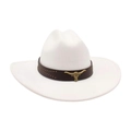 Chapeau de cowboy blanc avec bande en cuir à rivets et emblème de tête de taureau dorée - Blanc