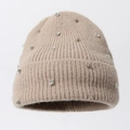 Chic beige knitted beanie with shimmering rhinestones and soft plush fur pompom topper - Camel (Small Square Diamond)