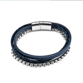 Pulsera para hombre de acero de titanio y cuero con capas azul-negro y cadena plateada - Cuero Azul con Acero