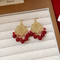 Vintage gold hollow-out earrings with deep red beads and sparkling accents - Hollow Window Fan Style (115#) / Gold/Red