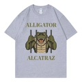 Short sleeve grey t-shirt featuring Alligator Alcatraz print and classic round neck - Gray