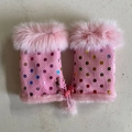 Pink plush leg warmers with rainbow sequins and fuzzy pom-pom drawstring details - One Size / Pink Floral