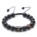 Adjustable black obsidian bead bracelet with tiger eye stone and golden letter J charm - Letter J