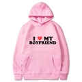 Pink I Love My Boyfriend hoodie with front pocket and heart print for women and men - S / I Love My Boyfriend / Pink