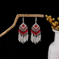 Bohemian silver earrings with red beads and feather tassels in ethnic style - Silver + Big Red Beads + Feather (E5811-1/Red)