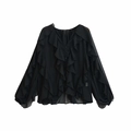 Elegante schwarze Langarm-Chiffonbluse mit gestuften Rüschen und transparentem Stoff - XS / Schwarz