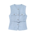 Detailed texture of light blue tweed vest featuring elegant silver metal buttons - Light Blue