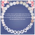 Detailed view of Amazonite beaded bracelet with Grandma letter beads on a floral gift card - To My Grandma