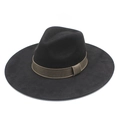 Close-up of black wool fedora featuring a dark brown ribbed ribbon with buckle detail - M (56-59cm) / Black Faux Suede