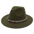 Chapeau fedora en laine vert foncé avec ruban en perles colorées de style ethnique fait main - Vert Militaire