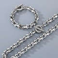 Conjunto de cadena bambú plateada con cierre OT de calavera y cristales para hombre - Pulsera 21cm / 11mm / Color Acero