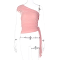 Detail of pink one-shoulder mesh top featuring elegant pleats and side ribbon ties - Pink