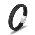 Detailed view of black braided leather bracelet with a silver magnetic steel clasp - 21.5cm / Black Leather/Silver Clasp