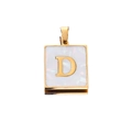 Macro shot of 22mm golden square pendant with white shell inlay and letter D engraving - Gold D
