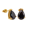 Dettaglio di orecchini dorati 18K con zircone nero a forma di pera e castone a 3 punte - Nero