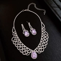 Elegant silver jewelry set with purple pear-shaped faux gemstones and rhinestones - Purple Mesh Gemstone Pear