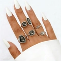 5-piece vintage silver alloy ring set with geometric dark grey acrylic gemstones - Silver Vintage Geometric Rings Combination (08)