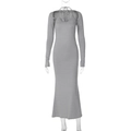 Detail view of a gray bodycon maxi dress with halter neckline and shoulder cutouts - S / Top And Bottom / Gray