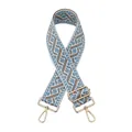 Close-up of ethnic jacquard purse strap with gold lobster clasps and geometric patterns - Lake Blue