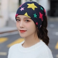 Navy blue knitted beanie with colorful star patterns and cozy double-layer fabric - One Size / 30 Colorful Stars