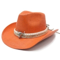 Detail of orange woven straw cowboy hat with metallic bull head and rivet decoration - M (56-58cm) / Orange