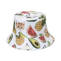 Damen Fischerhut aus Canvas mit bunten Motiven von Katzen, Ananas und Avocados - Weißer Katzen-Frucht-Druck