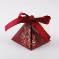 Elegant burgundy pyramid wedding candy gift box with golden rose pattern and satin ribbon - Small (7.5x7.5x8cm) / Burgundy