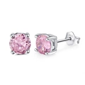 Minimalist S925 sterling silver stud earrings with pink round cut gemstone in four-prong setting - Pink Gemstone Studs SE84-F / Pink