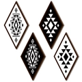 Set of 4 diamond-shaped wooden wall plaques with black and white tribal geometric patterns - Tribal Style Black And White Geometric Style (Style D)