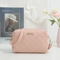 Pink quilted PU leather crossbody bag with metal plate and adjustable strap for women - Pink
