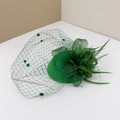 Detail of green vintage fascinator hat with mesh veil, feathers and floral ornaments - Emerald Green (Hair Clip Fixed)