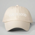 Beige adjustable baseball cap with white 'GOD IS GOOD' embroidery on high-quality cotton - One Size / Beige