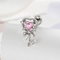 Silver bow heart key stud earring with pink zircon on a white pedestal display - Pink (A1087-2#) / Single Piece