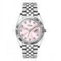 Reloj de mujer en acero plateado con esfera rosa e índices de diamante - Caja de Plata Esfera Rosa