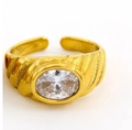 Bague vintage dorée avec grand zircon ovale et anneau à texture spirale sculptée - Zircone Ovale/Blanc (CK1506)