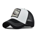 Detailed embroidery of a crocodile patch on a black and white mesh trucker cap - Adjustable / Black and White-Crocodile Embroidery(34)