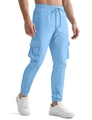 Men's sky blue cargo joggers in waffle texture fabric with drawstring and flap pockets - S / Sky Blue
