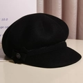 Schicke schwarze Schirmmütze für Damen aus Wollstoff mit Schleife und Vintage-Metallknopf - Schwarz