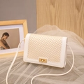 Elegant small white crossbody bag for women with woven mesh detail and gold-tone turn lock - White