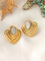 Close-up of golden heart earrings with opal stones on white satin with seashells - Heart Cat-Eye Stone Stud